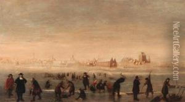 Kolfers, Skaters And Elegant Townsfolk On A Frozen Waterway, A Townbeyond Oil Painting - Cornelis Beelt