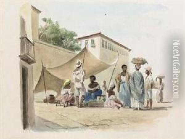 Rio De Janeiro: Negroes Selling Fruit And Vegetables Oil Painting - Abraham Louis Buvelot