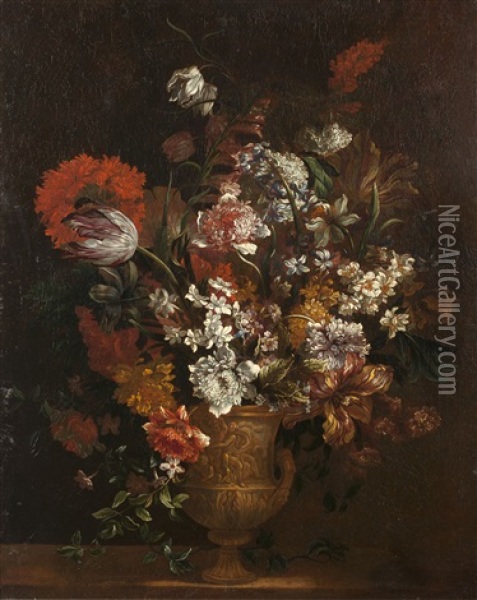 Bouquet De Fleurs Sur Un Entablement Oil Painting - Antoine Monnoyer