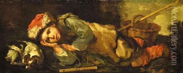 A recumbent shepherd boy with a sleeping dog by his side, a wicker basket at his feet Oil Painting - Bernhard Keil