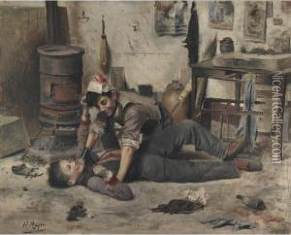 Young Boys Wrestling Oil Painting - Henri Royer