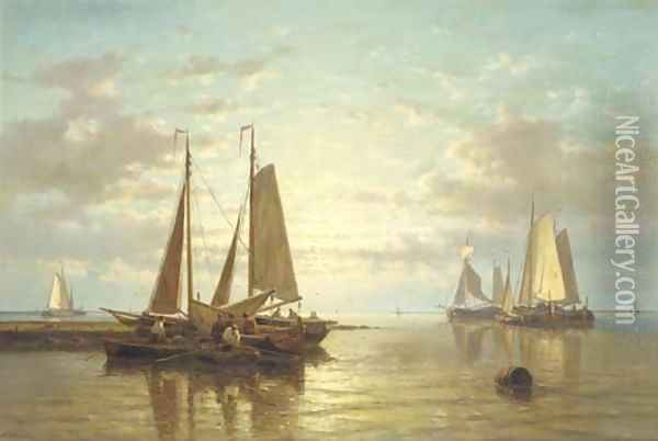 A calm sailing vessels in an estuary at dusk Oil Painting - Abraham Hulk Jun.