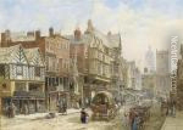 Bridge Street, Chester, With St. Peter's Church And Chester Townhall In The Background Oil Painting - Louise Rayner