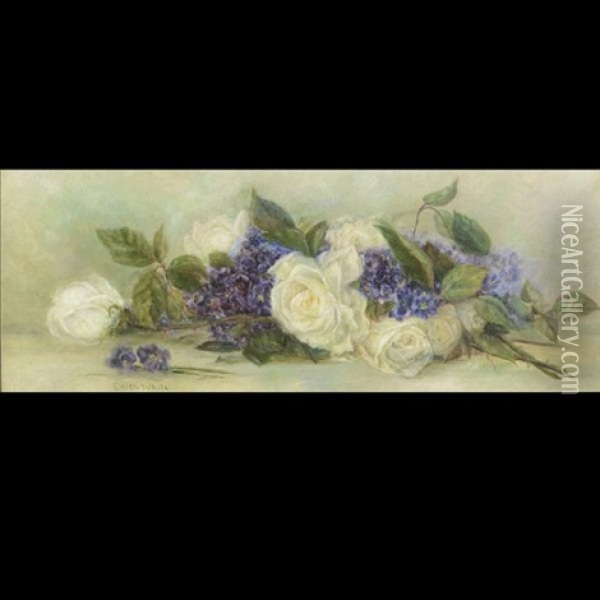 White Roses & Forget-me-not's Oil Painting - Edith White