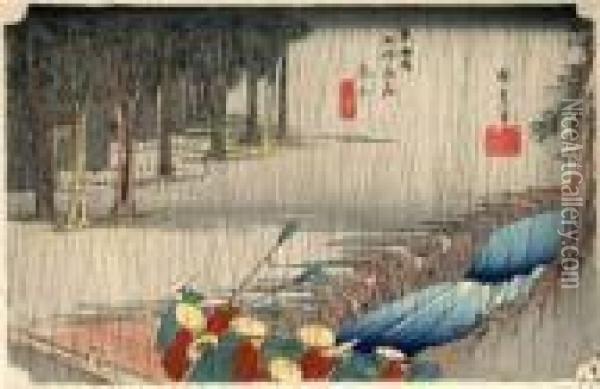 Les 53 Stations Du Tokaido, Tsuchiyama, Haru No Ame Oil Painting - Utagawa or Ando Hiroshige