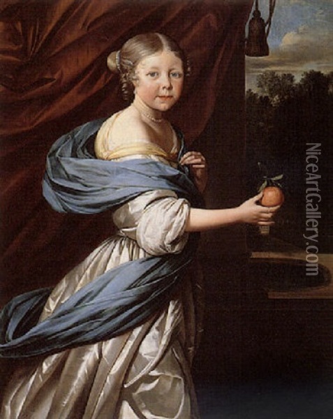 Portrait Of A Young Girl Holding An Orange, A Draped Curtain Behind Oil Painting - Jan van Neck