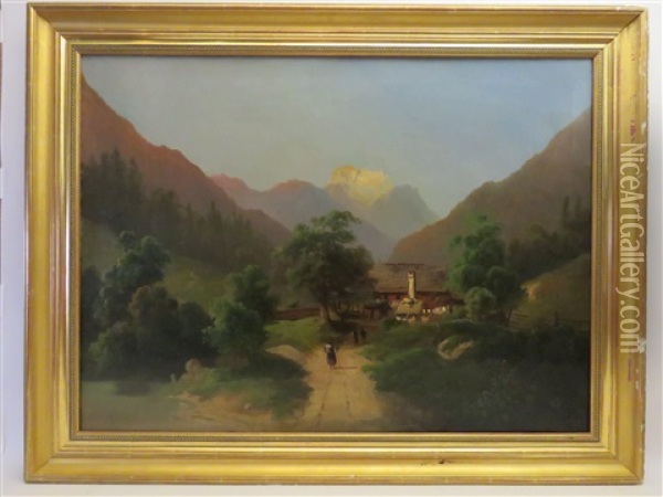 Begegnung Am Weg Zum Berghof Mit Gebirgskulisse Oil Painting - Theodore von Ehrmanns