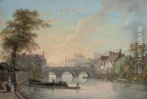 View Of Tonbridge, With The Bridge And Houses, Coal And Pleasure Boats In The Foreground And The Castle Keep Beyond Oil Painting - Thomas Sandby