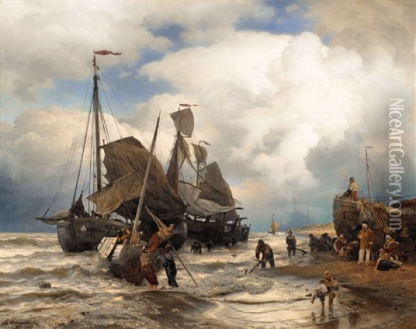 Sailing Boats Landing On A Beach Oil Painting - Andreas Achenbach