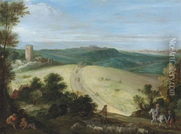 An Extensive Wooded Landscape With A Shepherd And His Flock, A Ruined Tower And City Beyond Oil Painting - Paul Bril