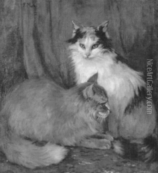 Zwei Katzen Vor Blauem Vorhang Oil Painting - Frieda Menshausen-Labriola