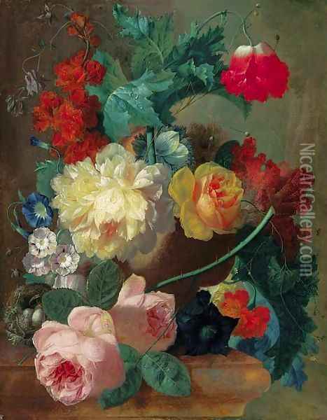 Roses, a poppy, bougainvillea, peonies, morning glory, primulas and a coxcomb in a terracotta vase with a bird's nest on a marble ledge Oil Painting - Jan van Os