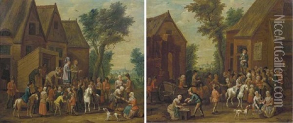 Peasants Gathered Around A Charlatan (+ A Charlatan Amusing A Crowd In A Village; Pair) Oil Painting - Theobald Michau
