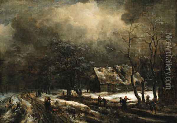 A winter landscape with peasants on a road and skaters on a frozen river, a cottage nearby Oil Painting - Jacob Van Ruisdael
