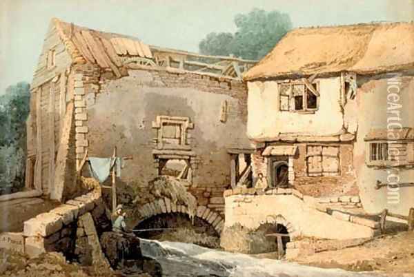Anglers fishing before a derelict watermill Oil Painting - Samuel Prout