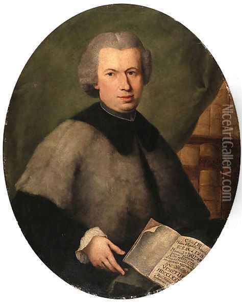 Portrait of Monsignor Francesco Dall'Acqua, half length, wearing a grey cloak and holding a copy of his book, in a library Oil Painting - Alessandro Longhi
