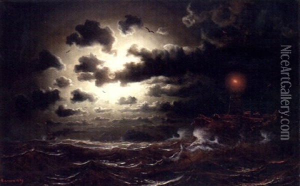 Stormigt Hav Vid Fyr Oil Painting - Marcus Larsson