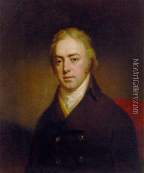 Portrait Of A Gentleman In A Brown Coat And Yellow Waistcoat Oil Painting - William Owen