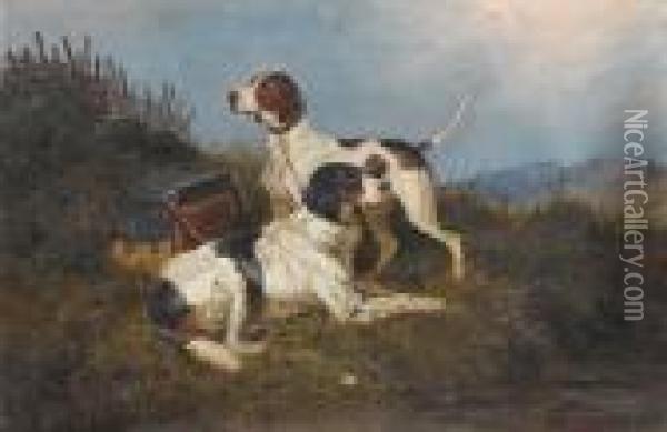An English Setter And A Pointer In A Highland Landscape Oil Painting - Colin Graeme Roe