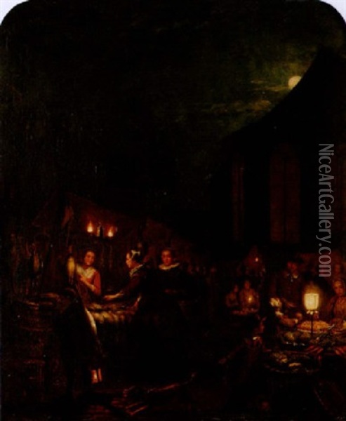 Torghandel I Nattbelysning Oil Painting - Andries Scheerboom