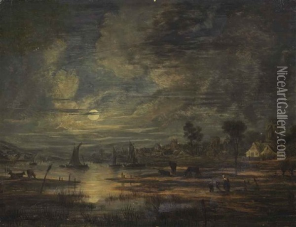 A Moonlit River Landscape With Boats, Cows, Figures And A Town Beyond Oil Painting - Aert van der Neer