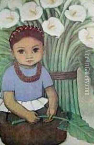 Child with Calla Lillies Oil Painting - Diego Rivera