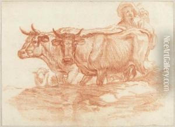 Two Cows With Herdsmen Oil Painting - Johann Rudolf Schellenberg
