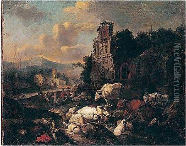 A Landscape With Drovers, Cattle And Sheep Resting Before A Classical Fountain Oil Painting - Johann Rudolf Byss