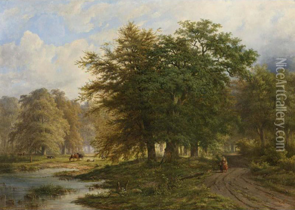 A Traveller On A Path In A Wooded Landscape Oil Painting - Adrianus Henrikus De Bruine