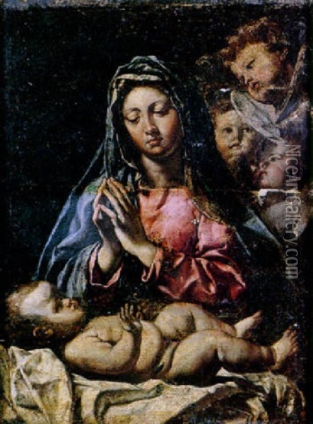 La Vierge A L'enfant Entouree D'anges Oil Painting - Giovanni Paolo Cavagna