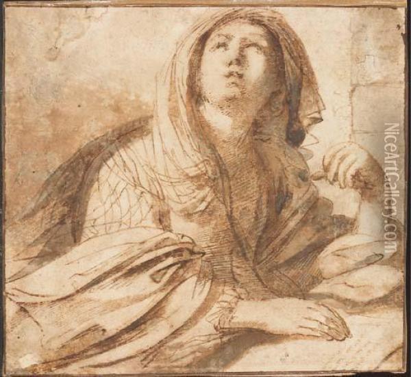 A Seated Sybil Looking Up To The Left, Half-length, Resting Herhand On A Book Oil Painting - Guercino