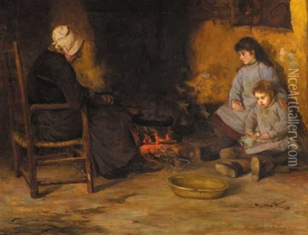 An Old Woman And Children In A Cottage Interior Oil Painting - William Barry