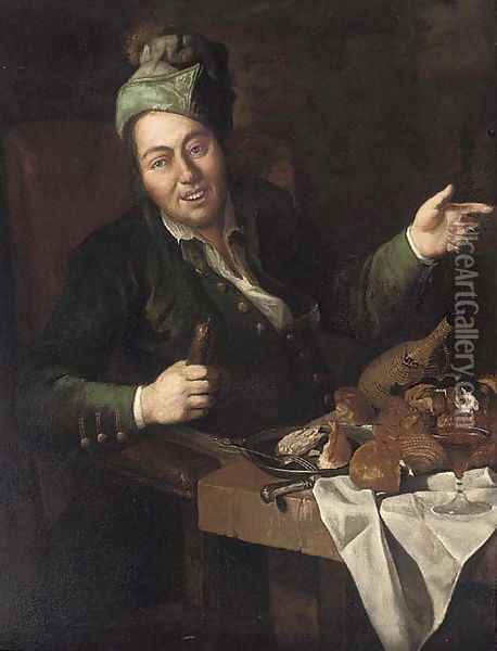 A man eating and drinking at a partly-draped table in an interior Oil Painting - Lombard School