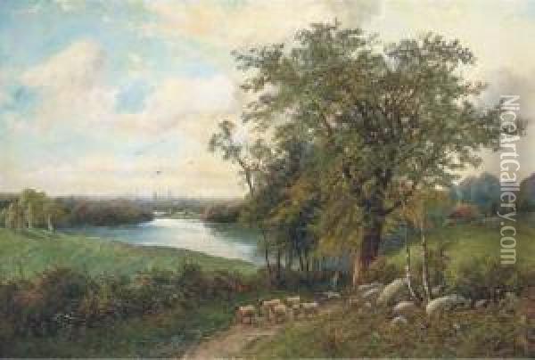 A Shepherd With His Flock On A Riverside Track Oil Painting - Octavius Thomas Clark