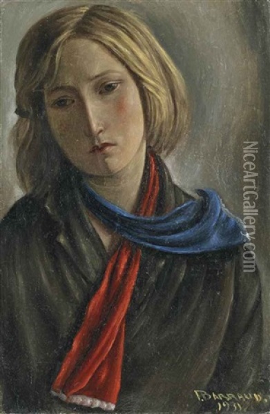 Marie A L'echarpe Rouge Et Bleue Oil Painting - Francois Emile Barraud