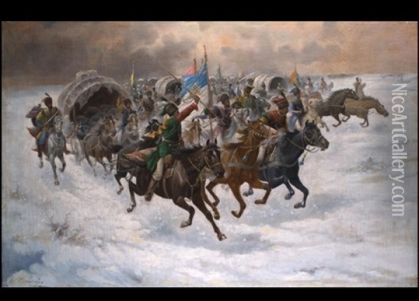 Schlachtzug In Winterlicher Landschaft Oil Painting - Adolf (Constantin) Baumgartner-Stoiloff
