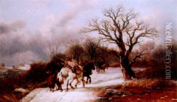 Travellers In A Winter Landscape Oil Painting - Alexis de Leeuw