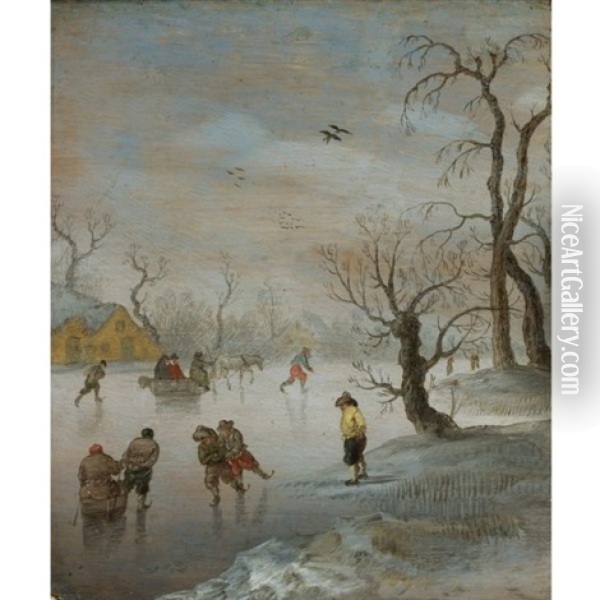 Skaters And A Horse-drawn Sledge On A Frozen Waterway Oil Painting - Anthonie van Stralen