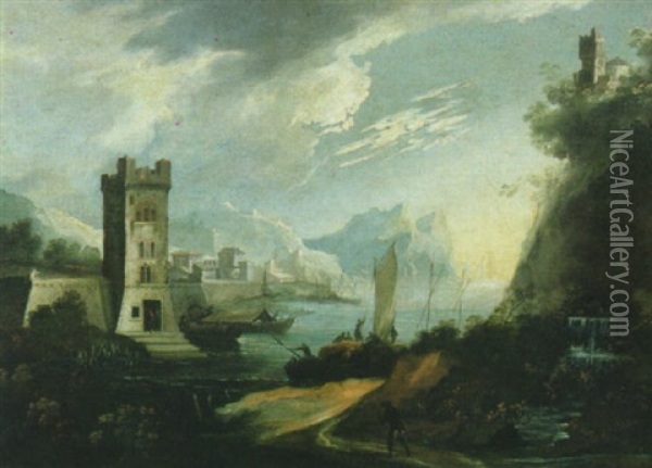 Marina Mediterranea Con Un Borgo Fortificato, Una Rupe Turrita Ed Una Cascata Oil Painting - Adriaen Van Der Cabel