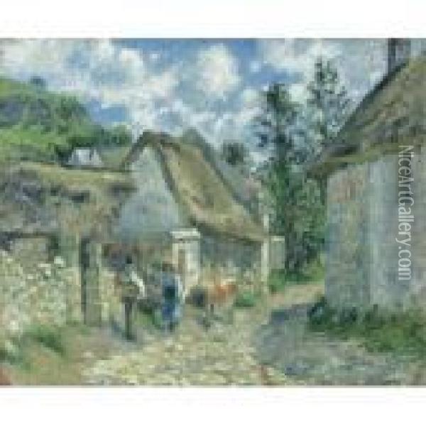 Rue Des Roches Au Valhermeil A Auvers-sur-oise, Chaumieres Et Vache Oil Painting - Camille Pissarro