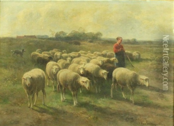 Shepherd With Flock Of Sheep Oil Painting - Cornelis van Leemputten