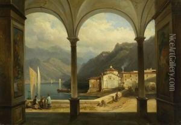 Blick Aus Der Vorhalle Einer
 Kirche Auf Einen Sudlichen Gebirgssee. Oil Painting - Jean-Charles Joseph Remond