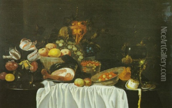 Nature Morte A La Corbeille De Fruits, Vase De Fleurs Et Pieces D'orfevrerie Disposes Sur Une Table Oil Painting - Jan van den Hoecke