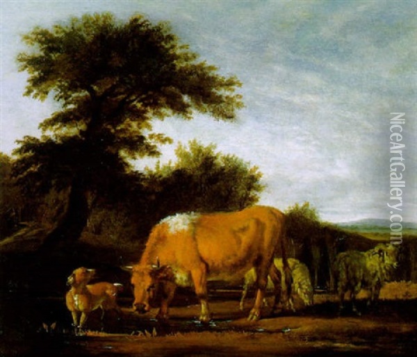Eine Kuh Und Zwei Schafe Mit Einem Hirtenhund Auf Der Weide Oil Painting - Pieter Van Der Leeuw