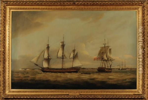 The Lady Jane In Three Positions (off The South Foreland?) Oil Painting - Thomas Luny