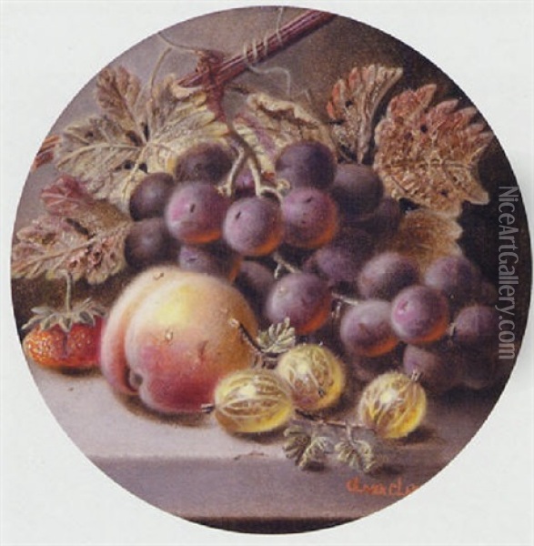A Still Life Of Grapes, Peach, Gooseberries And Strawberry Oil Painting - Oliver Clare