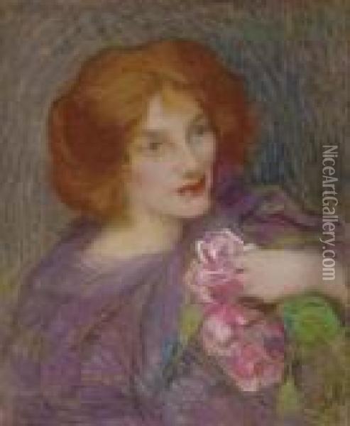 Young Beauty With Flowers Oil Painting - Edmond Aman-Jean
