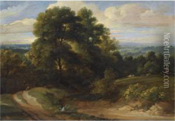 A Wooded Dune Landscape With A 
Shepherd Herding His Flock And A Traveller On A Path, A View Of A Town 
Beyond Oil Painting - Lodewijk De Vadder