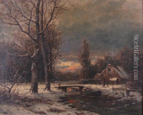 Twilight Winter Landscape Oil Painting - B. Kreutzer