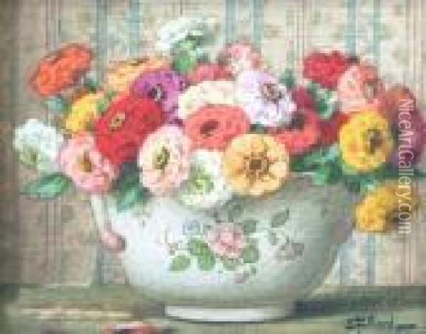 Still Life Of Flowers In A Ceramic Bowl Oil Painting - Ernest Filliard